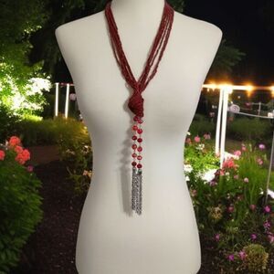 Witchy  Beaded Tassel Y Drop Necklace Lariat Red Silver Tone Mermaid Medieval.